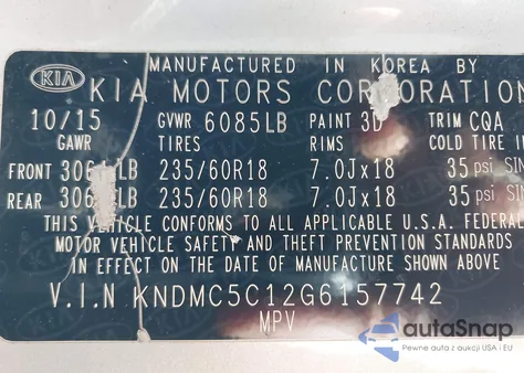 2016 Kia Sedona Ex из США, поврежденный, VIN KNDMC5C12G6157742